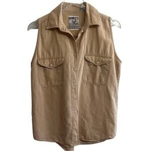 Vintage Andrew's Linens Button-Up Shirt, Tan Sleeveless | L | Linen Cotton Blend